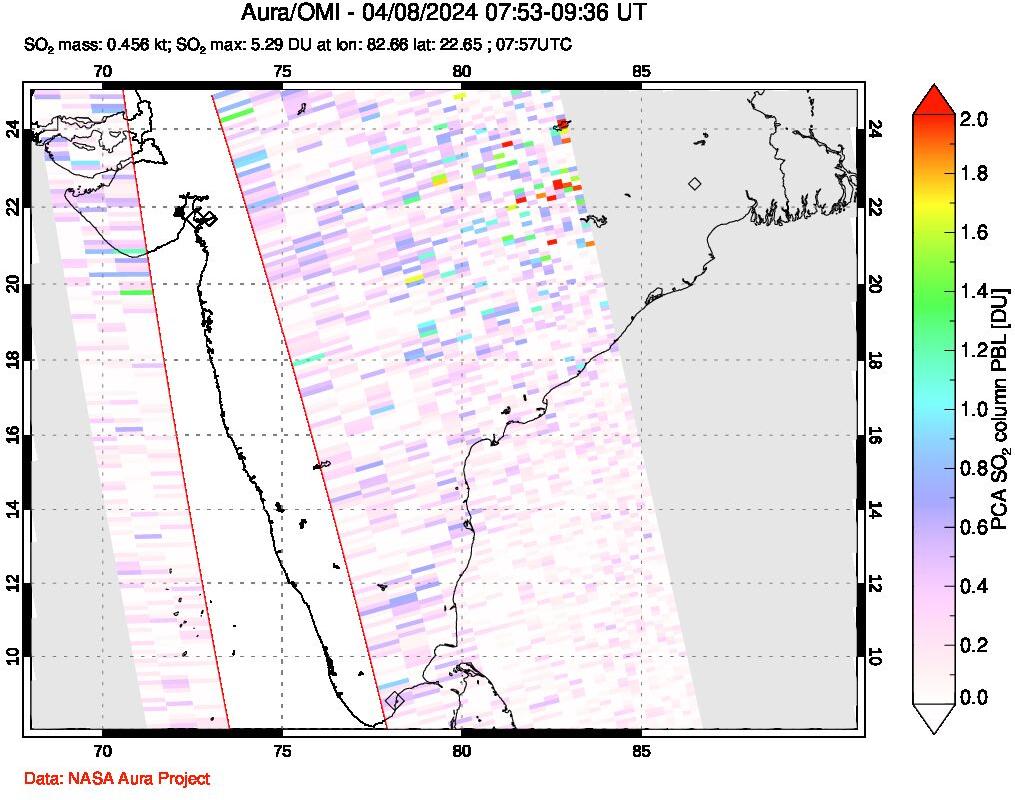 A sulfur dioxide image over India on Apr 08, 2024.