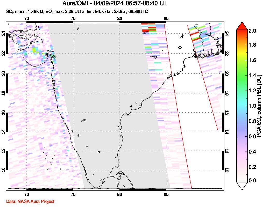 A sulfur dioxide image over India on Apr 09, 2024.