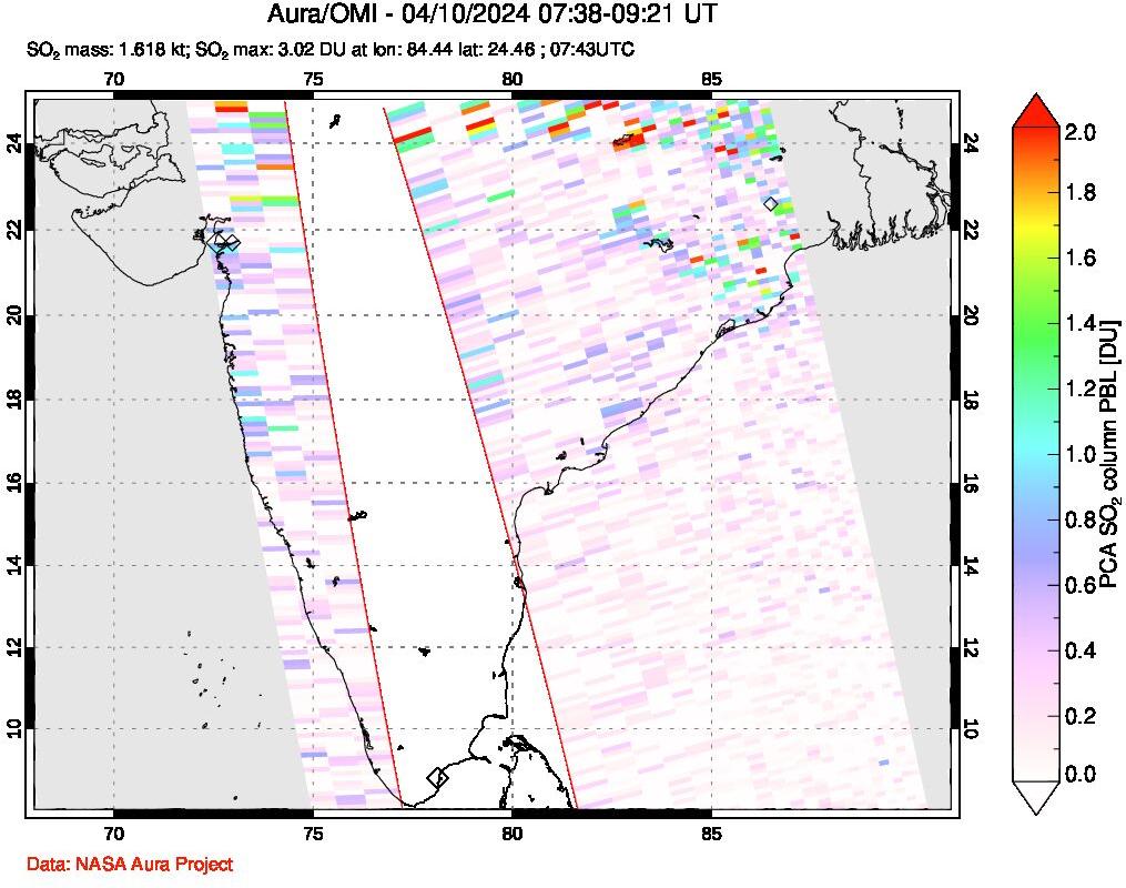 A sulfur dioxide image over India on Apr 10, 2024.