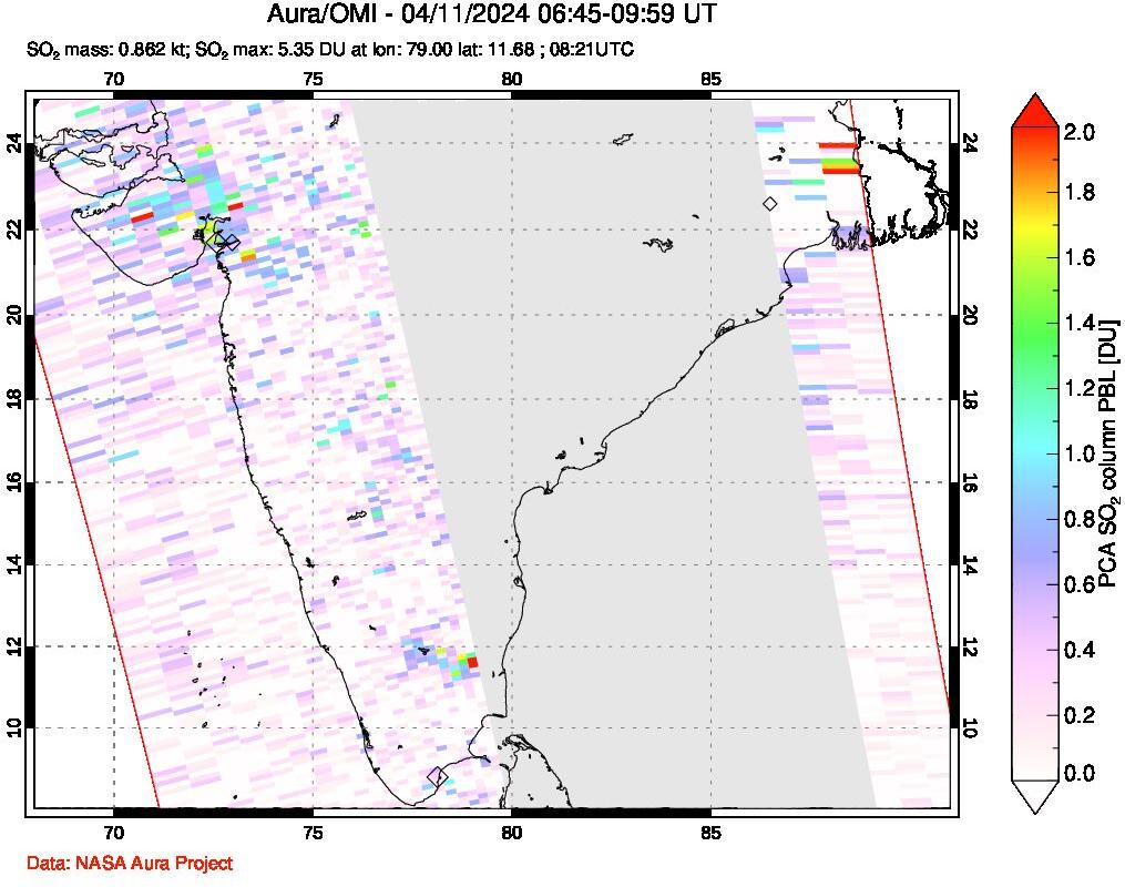 A sulfur dioxide image over India on Apr 11, 2024.