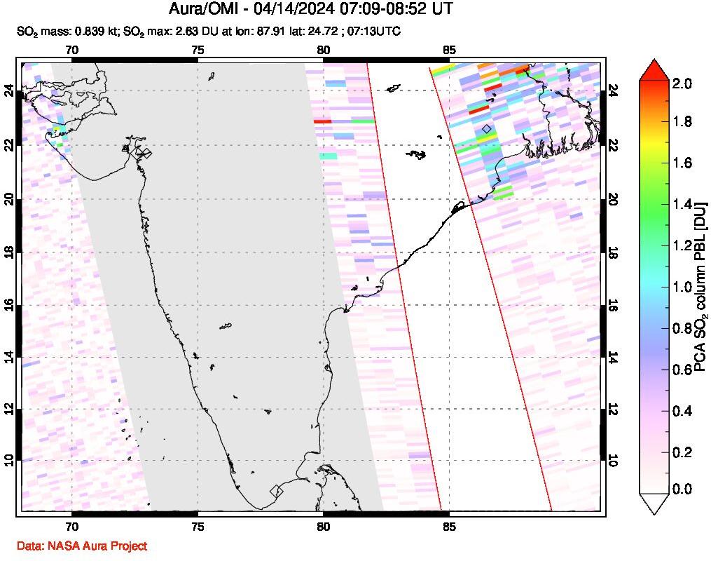 A sulfur dioxide image over India on Apr 14, 2024.