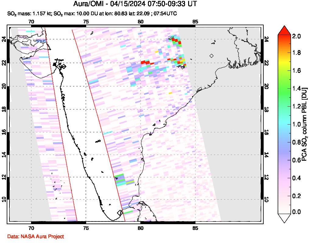 A sulfur dioxide image over India on Apr 15, 2024.