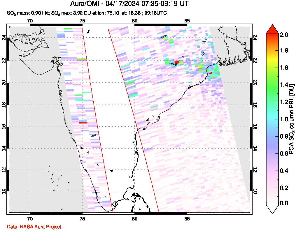 A sulfur dioxide image over India on Apr 17, 2024.