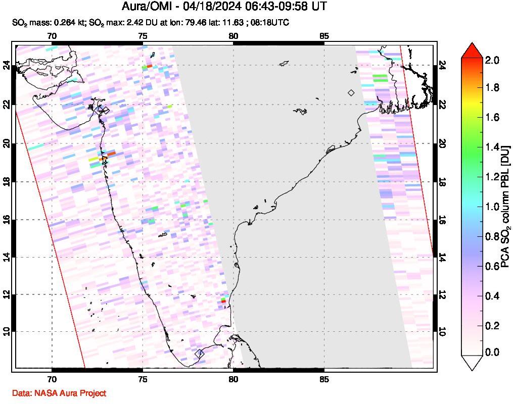 A sulfur dioxide image over India on Apr 18, 2024.