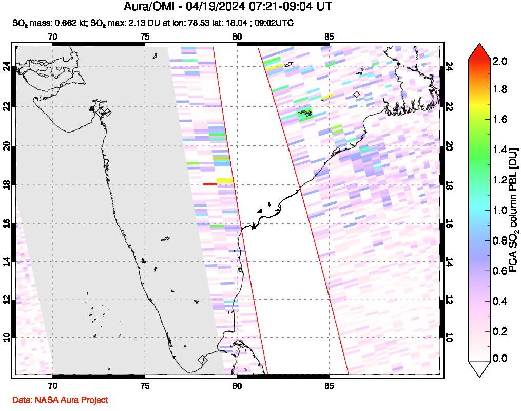 A sulfur dioxide image over India on Apr 19, 2024.