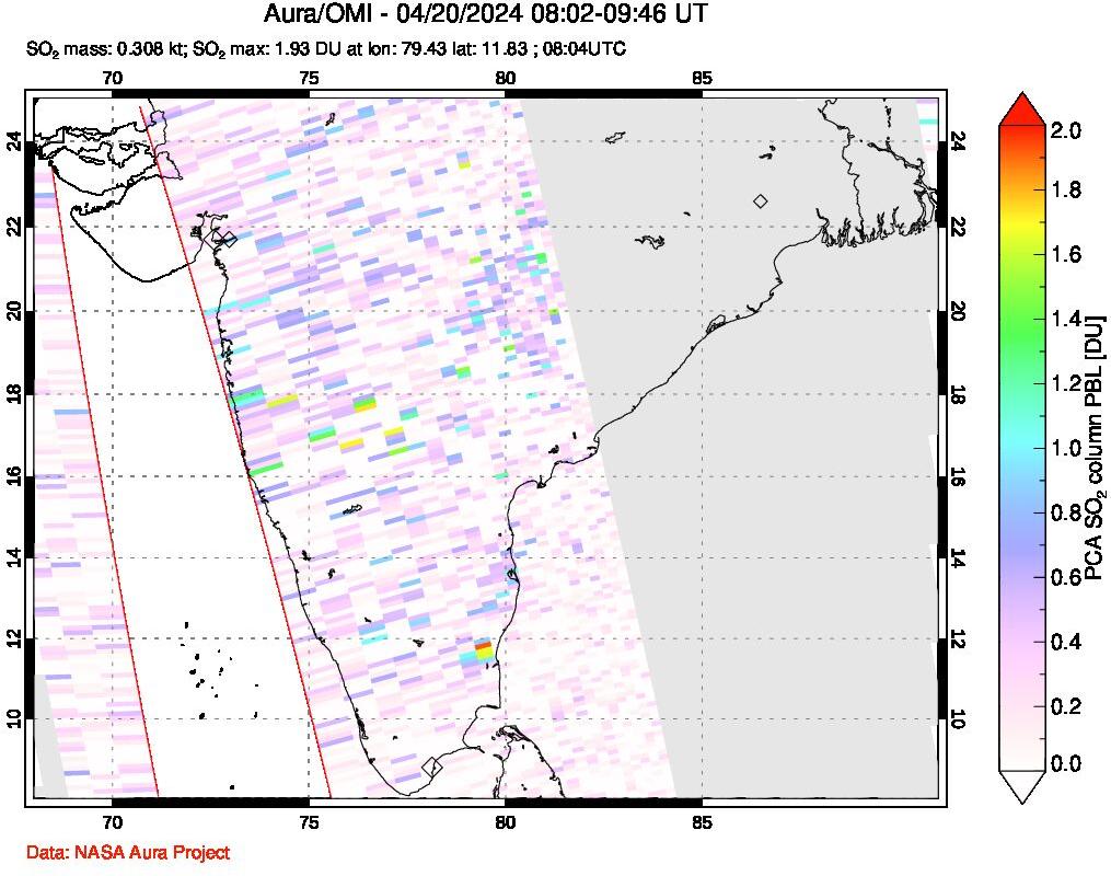 A sulfur dioxide image over India on Apr 20, 2024.