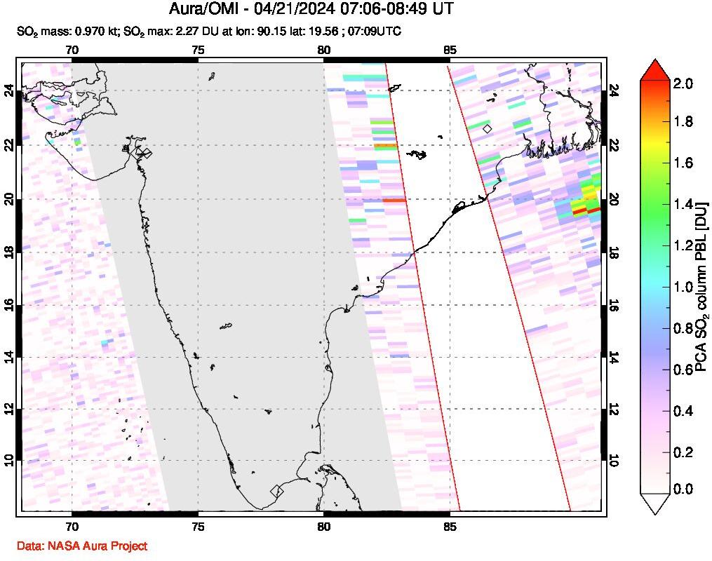 A sulfur dioxide image over India on Apr 21, 2024.