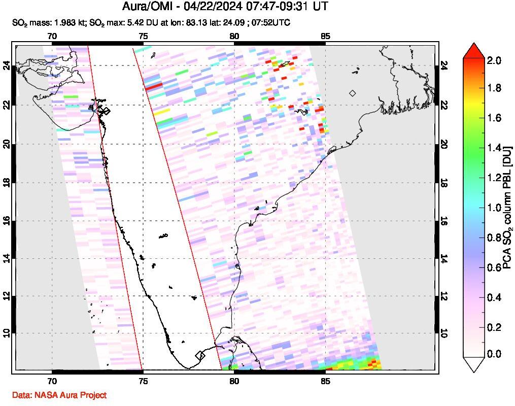 A sulfur dioxide image over India on Apr 22, 2024.