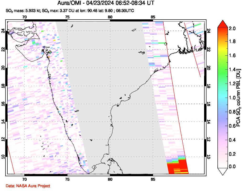 A sulfur dioxide image over India on Apr 23, 2024.