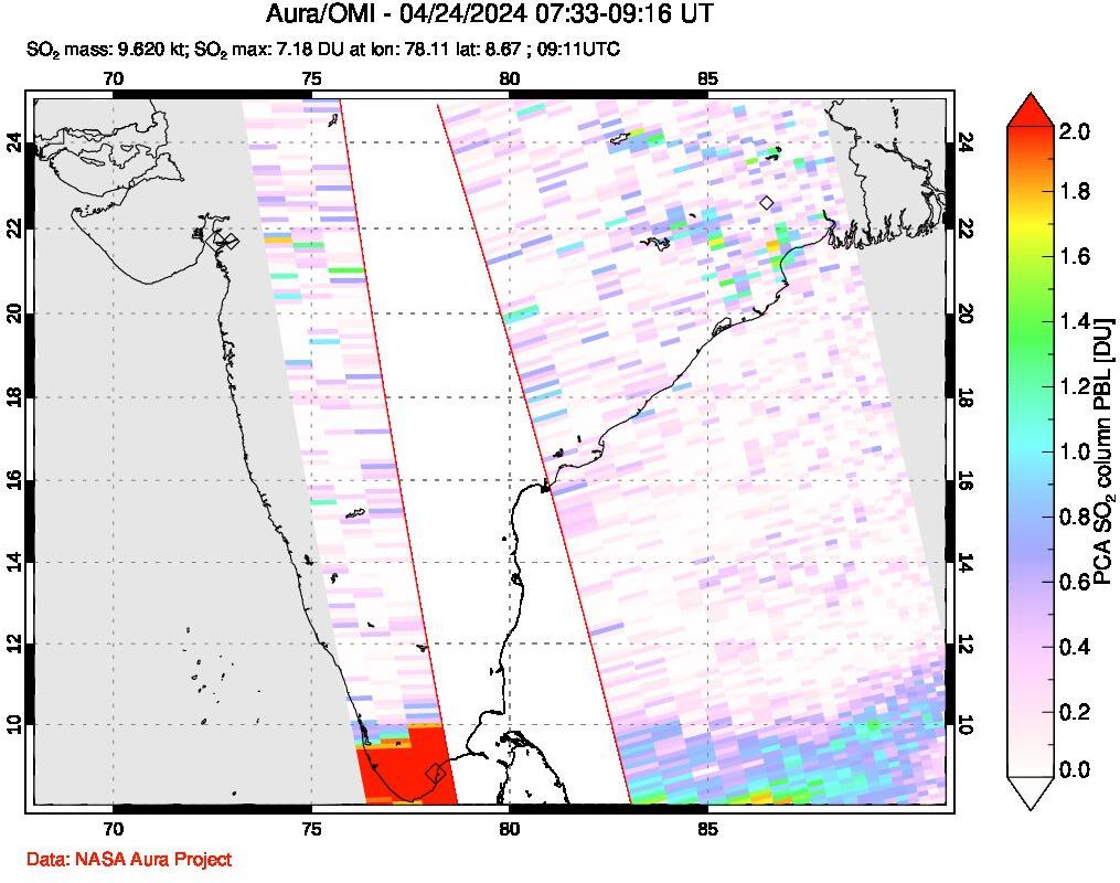 A sulfur dioxide image over India on Apr 24, 2024.