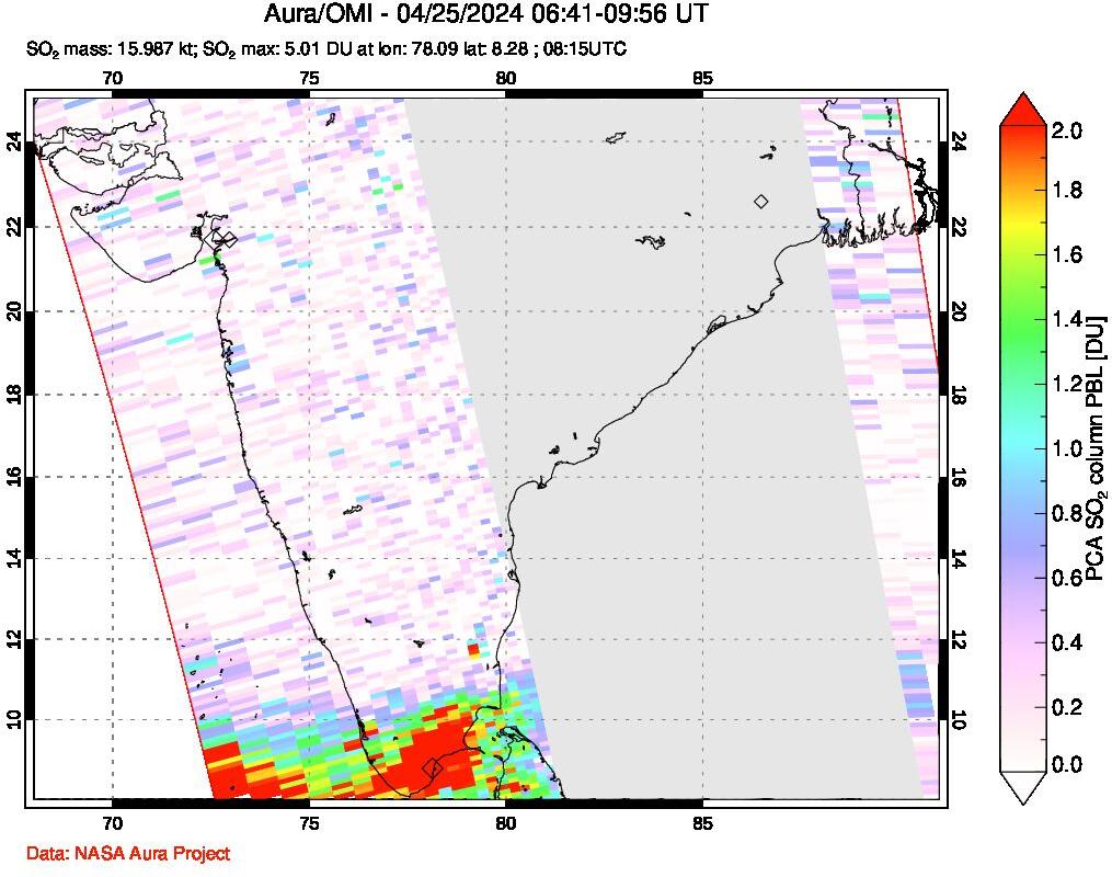 A sulfur dioxide image over India on Apr 25, 2024.