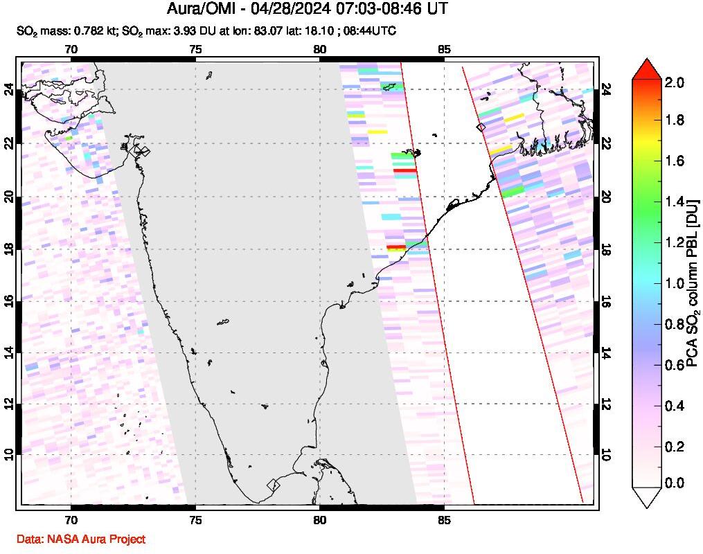 A sulfur dioxide image over India on Apr 28, 2024.