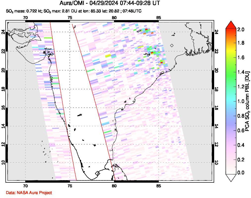 A sulfur dioxide image over India on Apr 29, 2024.