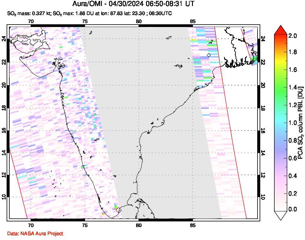 A sulfur dioxide image over India on Apr 30, 2024.