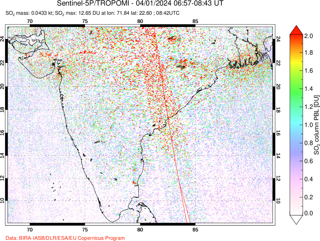 A sulfur dioxide image over India on Apr 01, 2024.