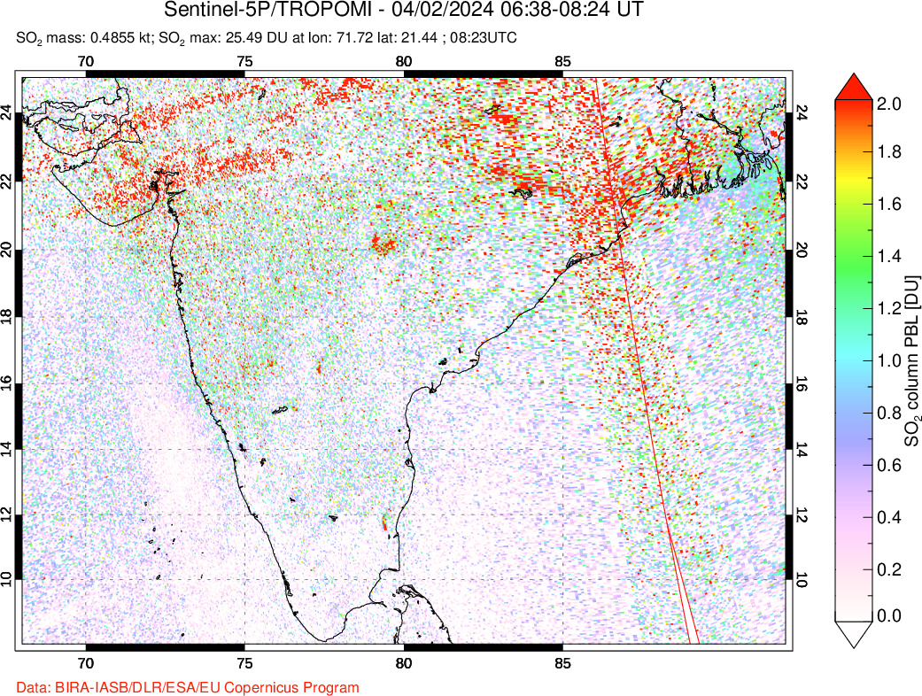 A sulfur dioxide image over India on Apr 02, 2024.