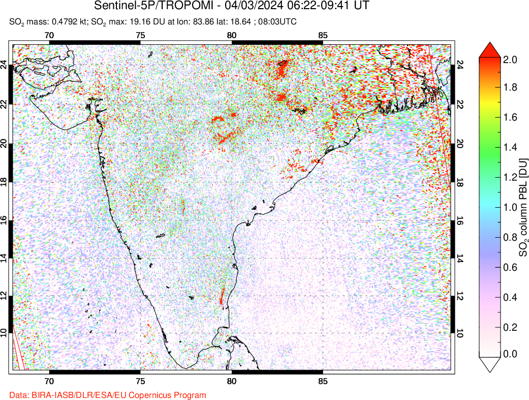 A sulfur dioxide image over India on Apr 03, 2024.