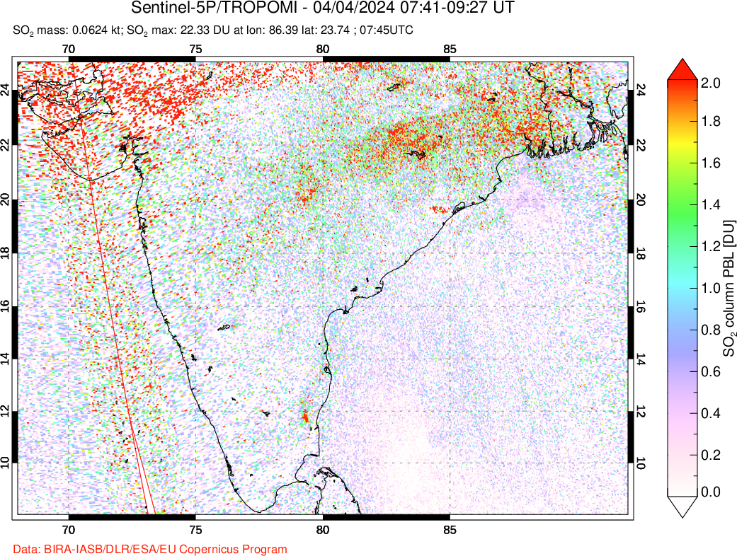 A sulfur dioxide image over India on Apr 04, 2024.