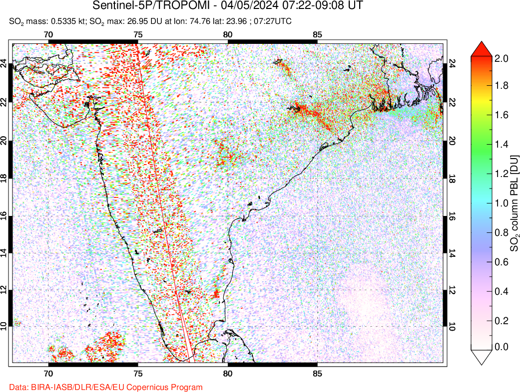 A sulfur dioxide image over India on Apr 05, 2024.