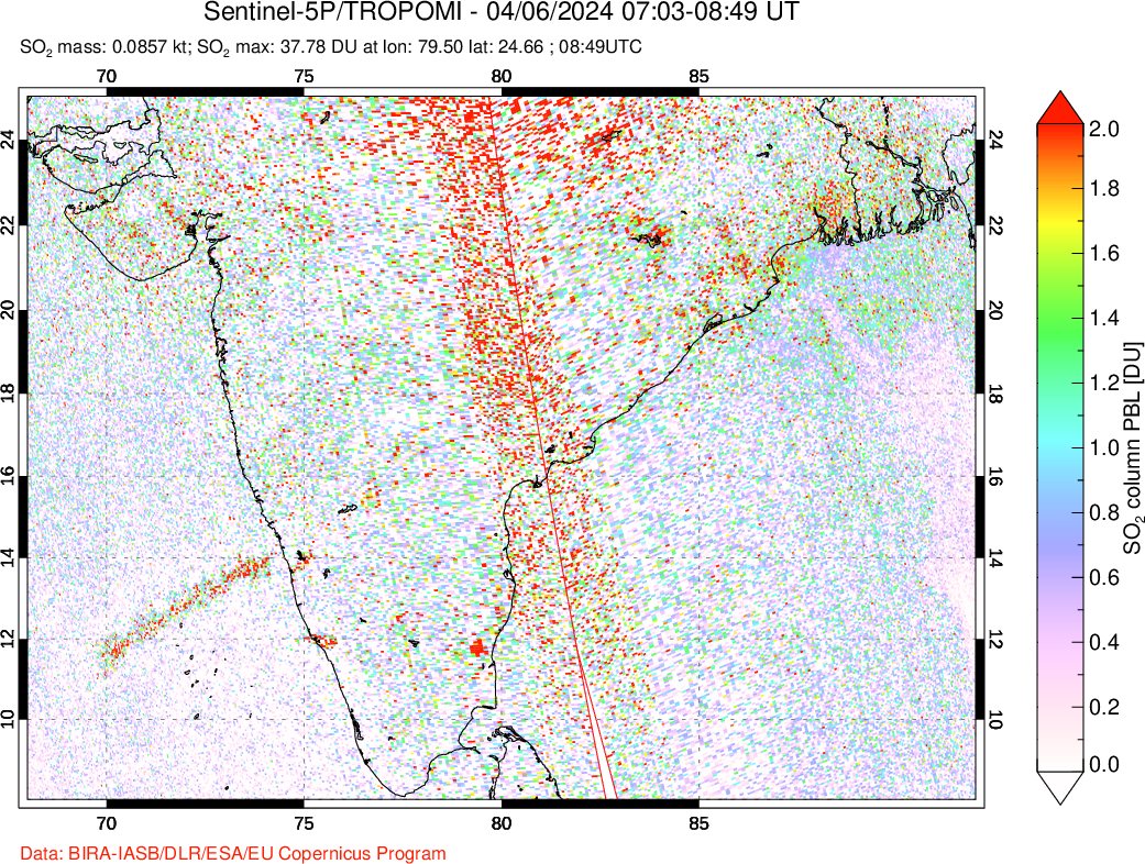 A sulfur dioxide image over India on Apr 06, 2024.