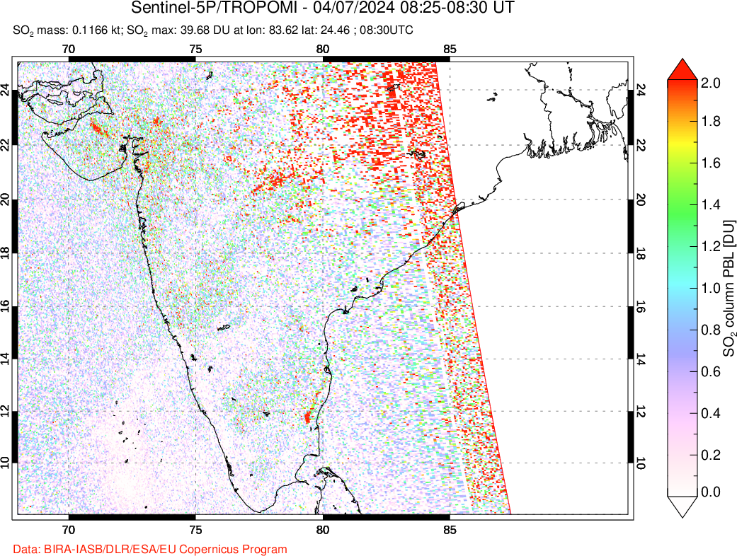 A sulfur dioxide image over India on Apr 07, 2024.