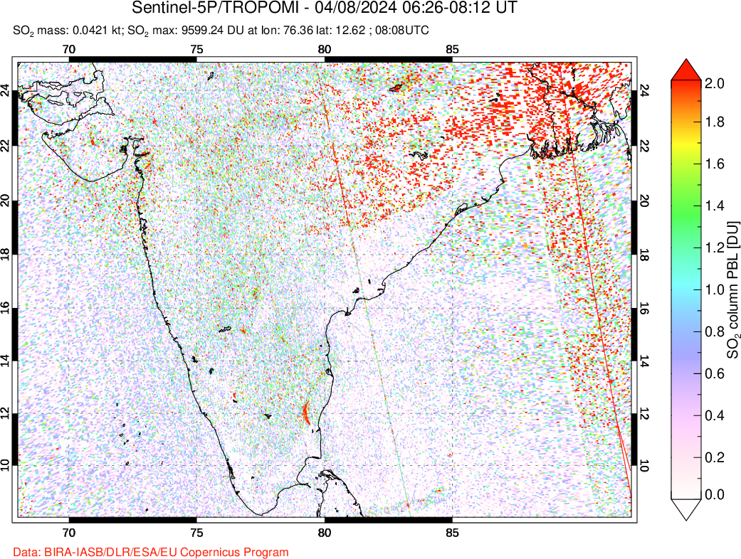 A sulfur dioxide image over India on Apr 08, 2024.