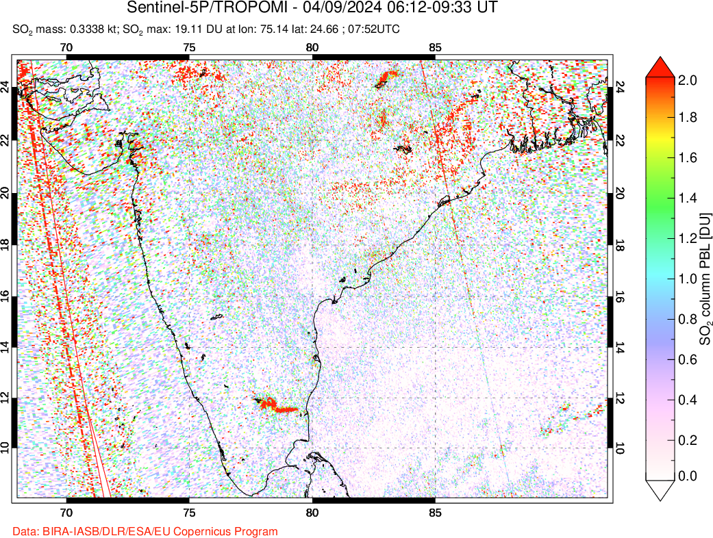 A sulfur dioxide image over India on Apr 09, 2024.