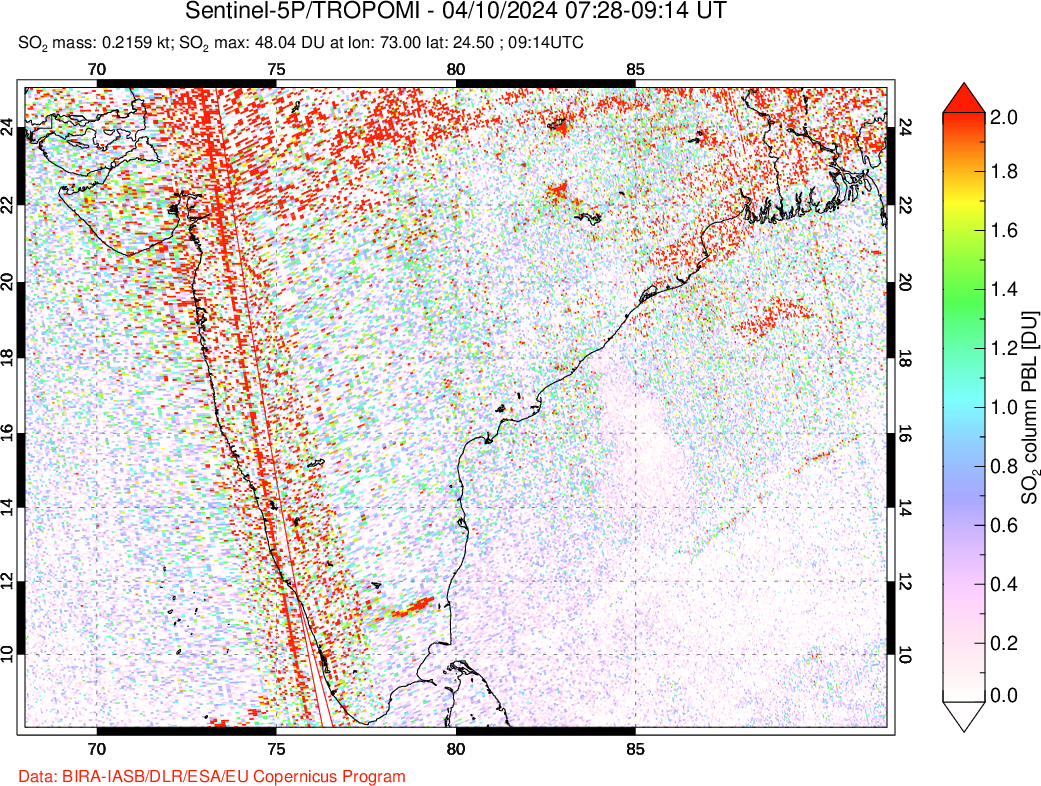 A sulfur dioxide image over India on Apr 10, 2024.