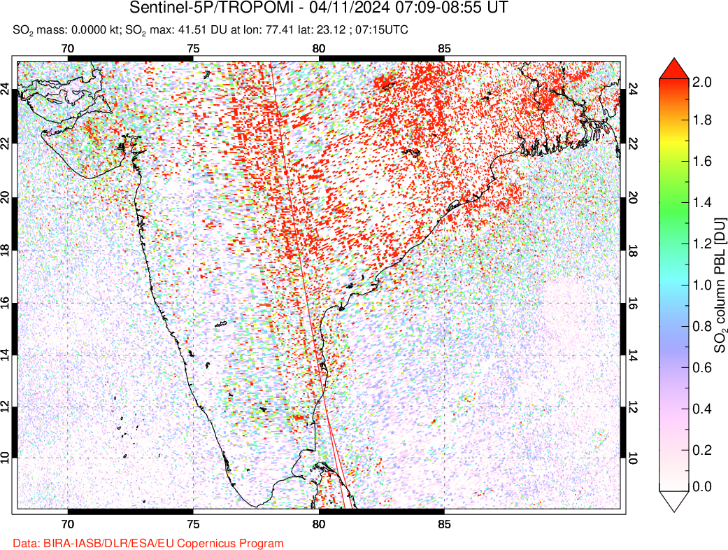 A sulfur dioxide image over India on Apr 11, 2024.