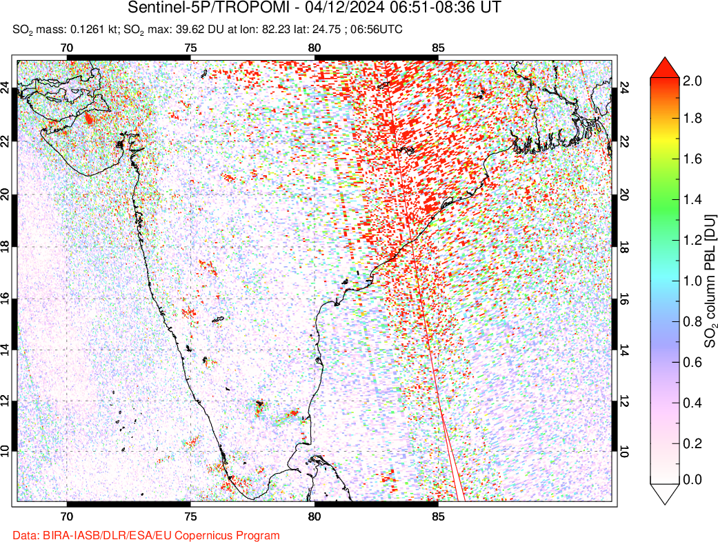 A sulfur dioxide image over India on Apr 12, 2024.