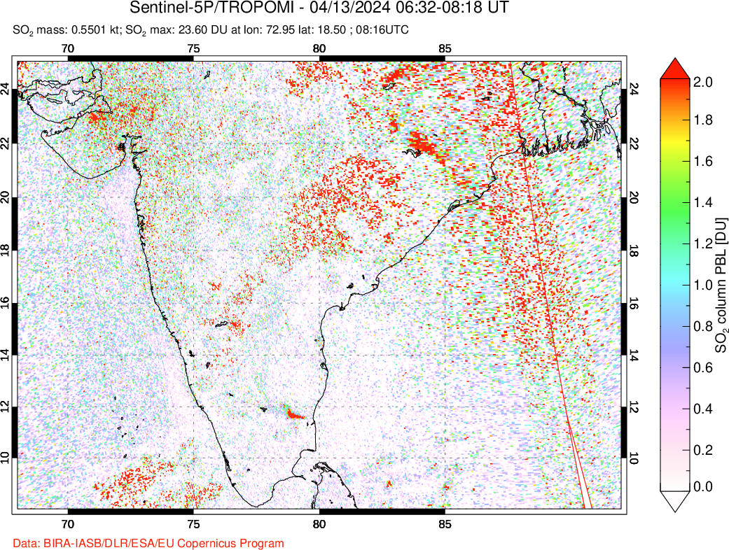 A sulfur dioxide image over India on Apr 13, 2024.