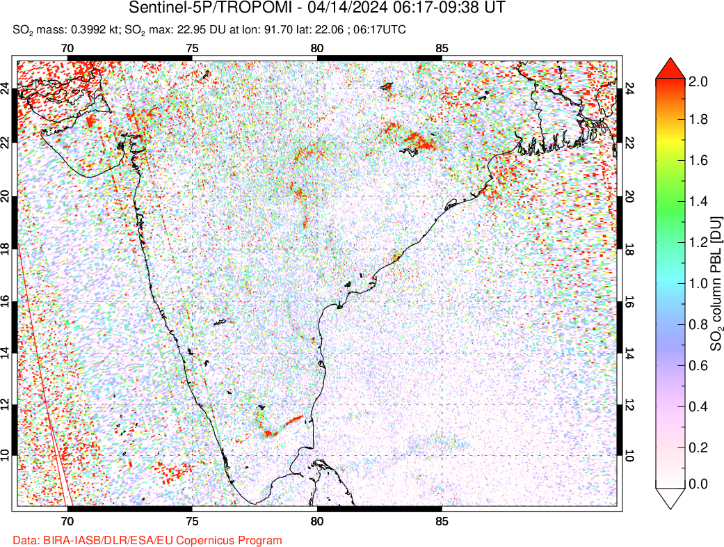 A sulfur dioxide image over India on Apr 14, 2024.