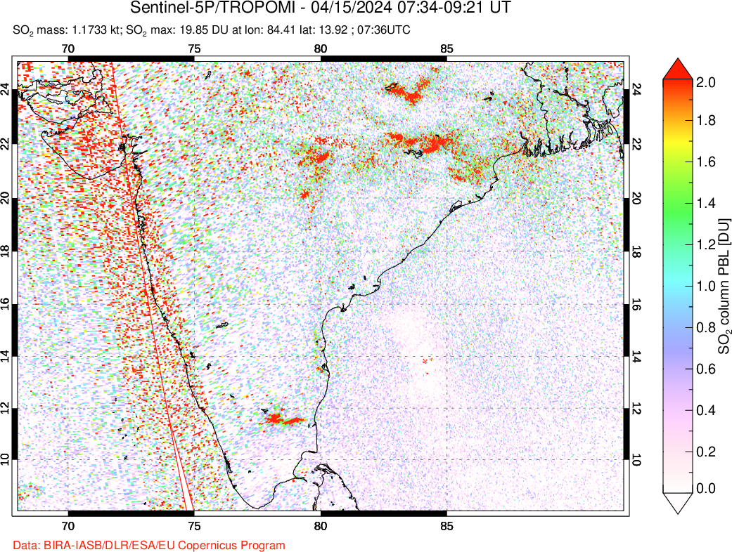 A sulfur dioxide image over India on Apr 15, 2024.