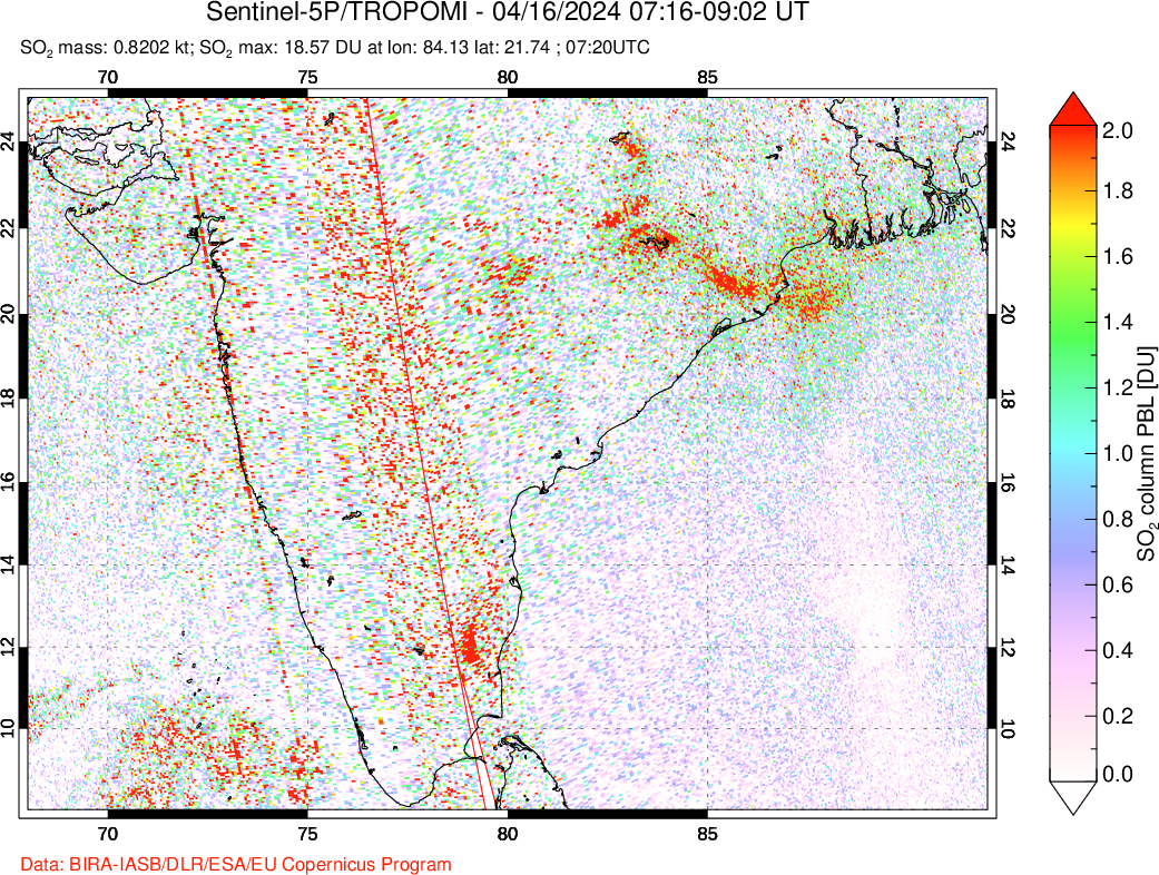 A sulfur dioxide image over India on Apr 16, 2024.