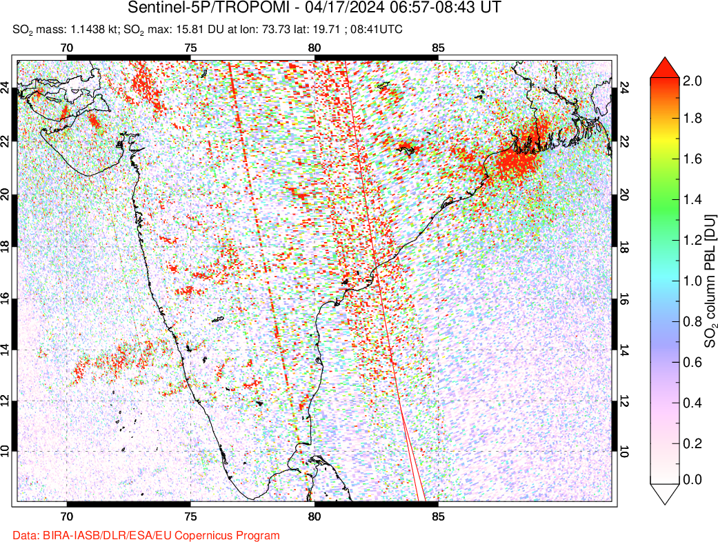 A sulfur dioxide image over India on Apr 17, 2024.