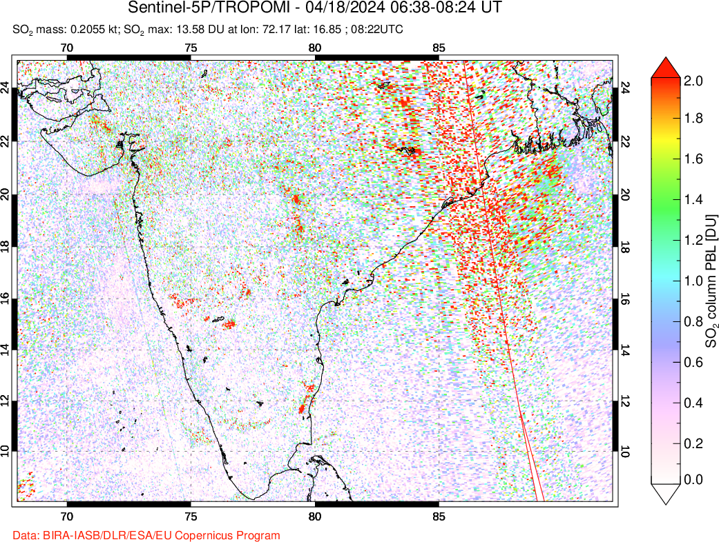 A sulfur dioxide image over India on Apr 18, 2024.