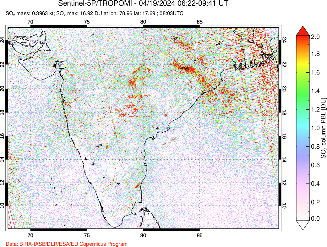 A sulfur dioxide image over India on Apr 19, 2024.