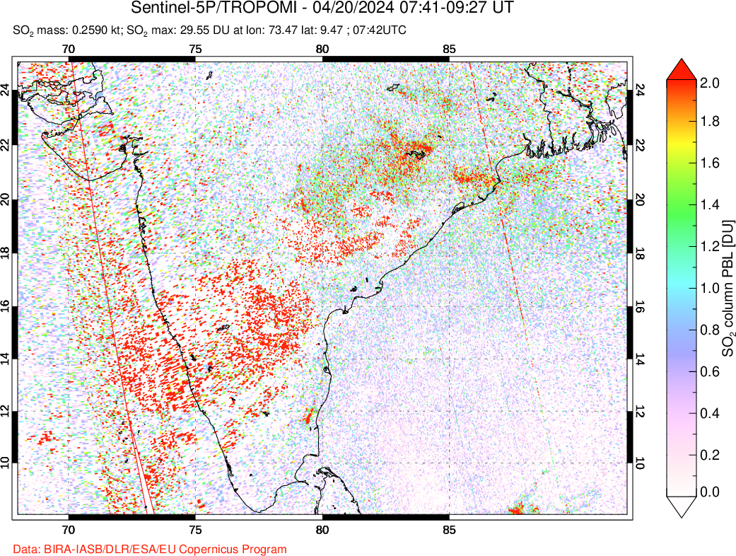 A sulfur dioxide image over India on Apr 20, 2024.