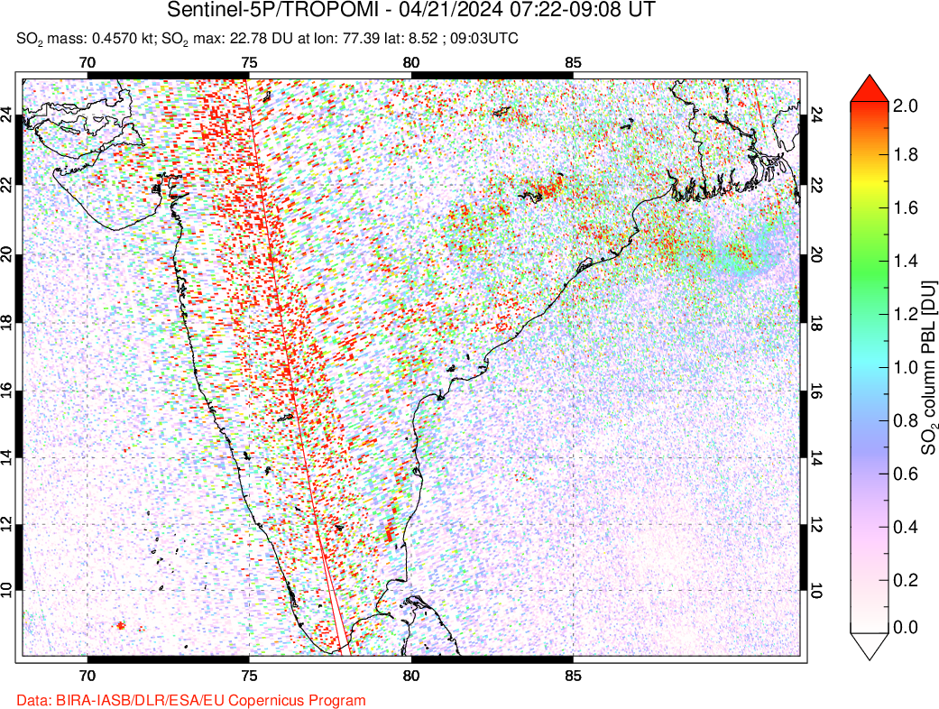 A sulfur dioxide image over India on Apr 21, 2024.