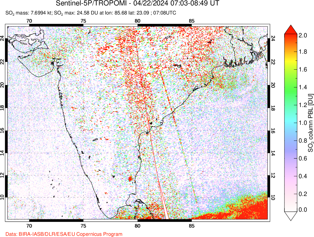 A sulfur dioxide image over India on Apr 22, 2024.