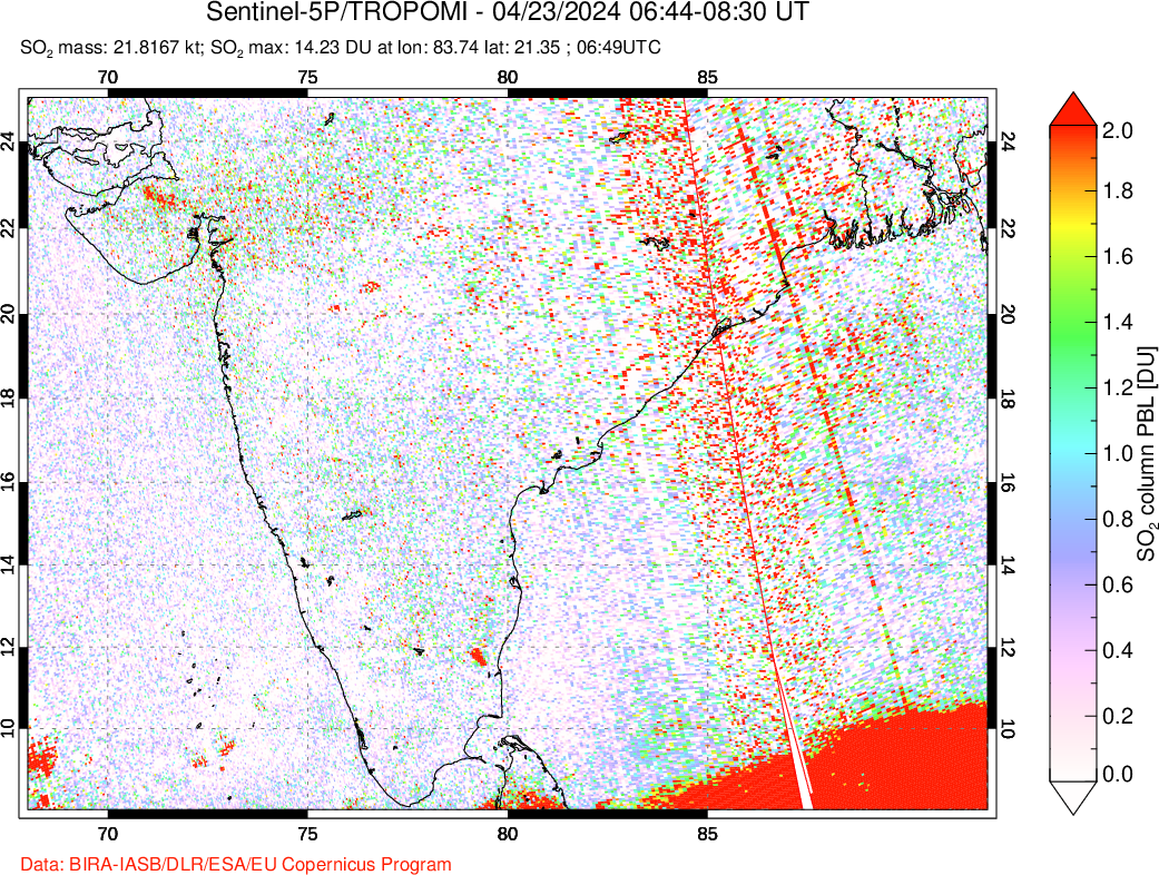 A sulfur dioxide image over India on Apr 23, 2024.