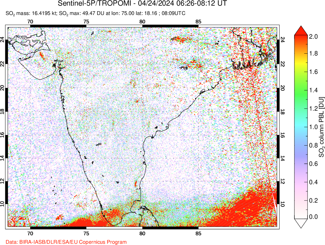 A sulfur dioxide image over India on Apr 24, 2024.