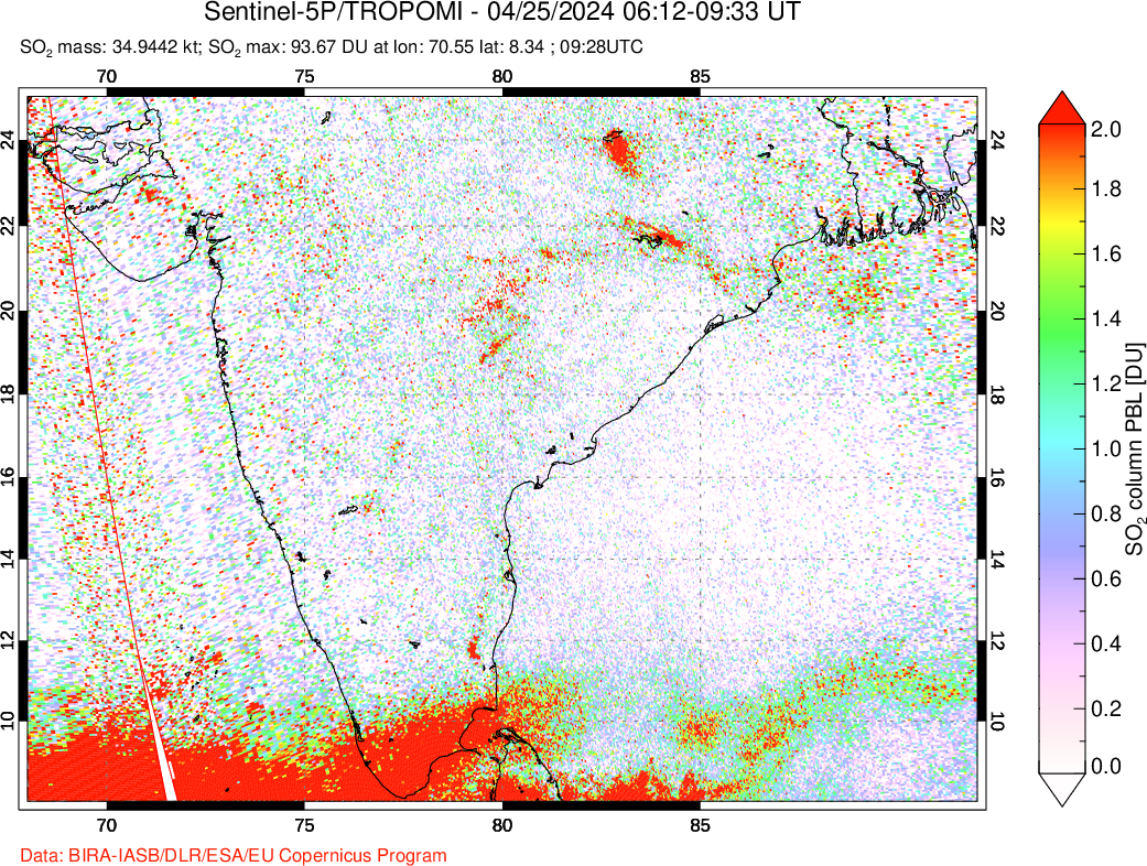 A sulfur dioxide image over India on Apr 25, 2024.