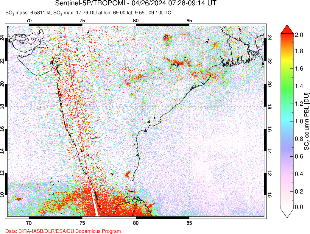 A sulfur dioxide image over India on Apr 26, 2024.