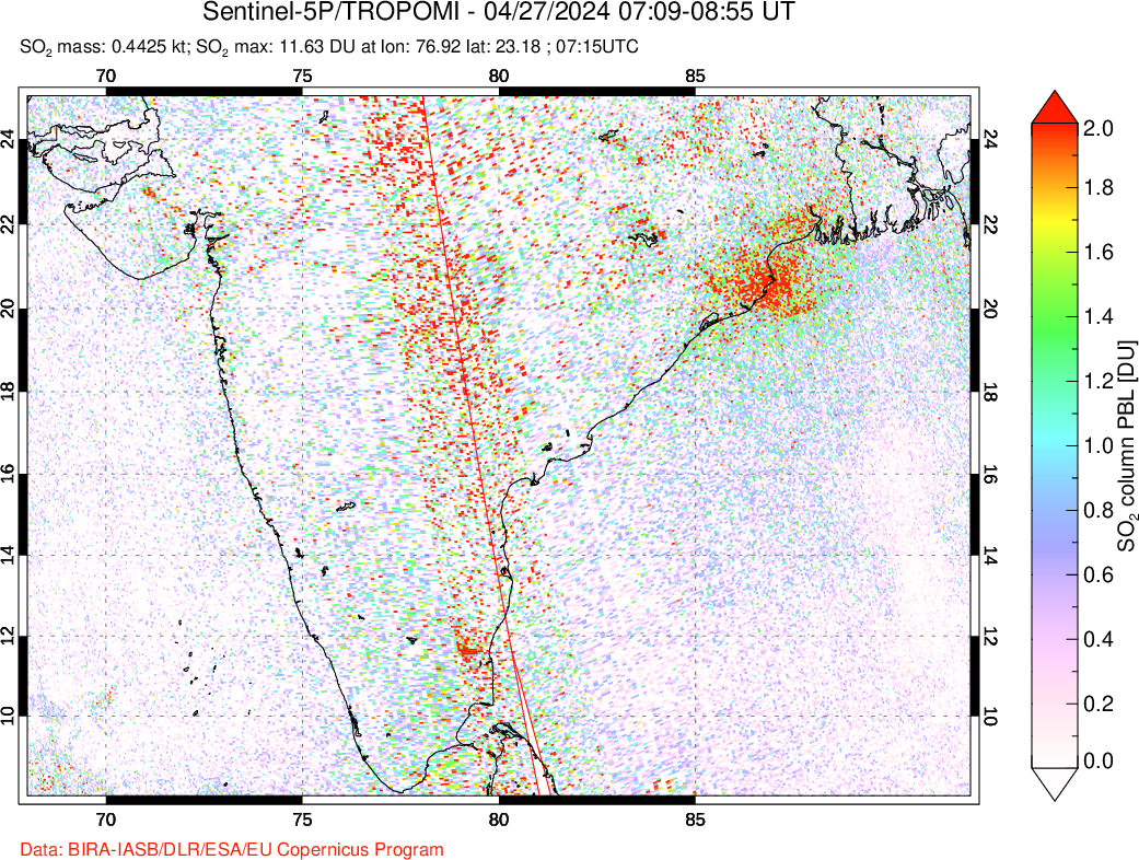 A sulfur dioxide image over India on Apr 27, 2024.