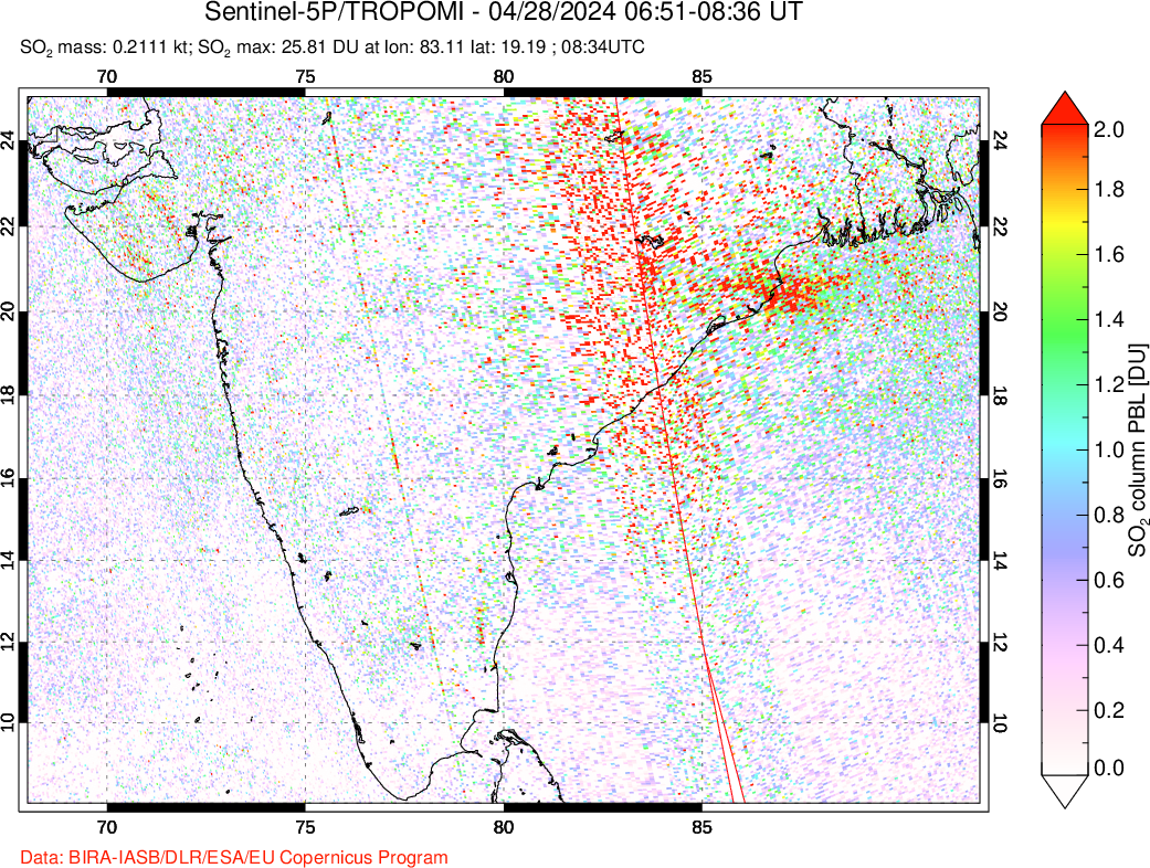 A sulfur dioxide image over India on Apr 28, 2024.