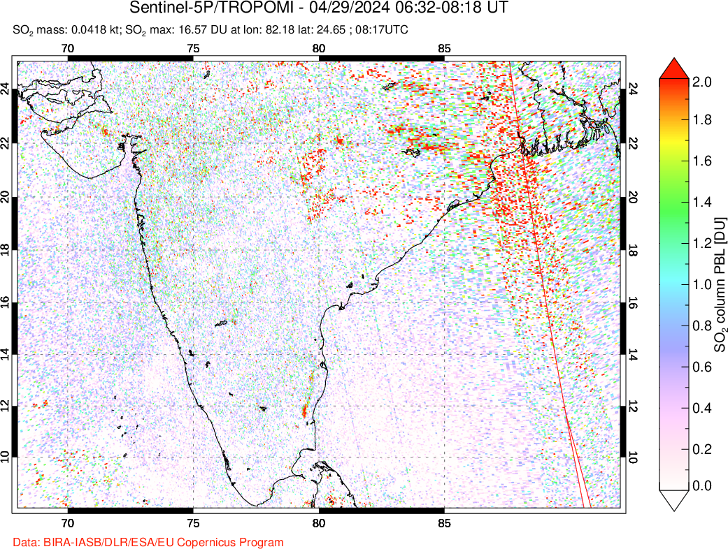 A sulfur dioxide image over India on Apr 29, 2024.