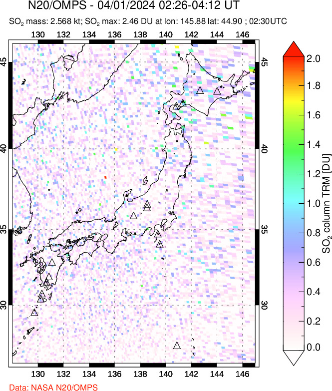 A sulfur dioxide image over Japan on Apr 01, 2024.