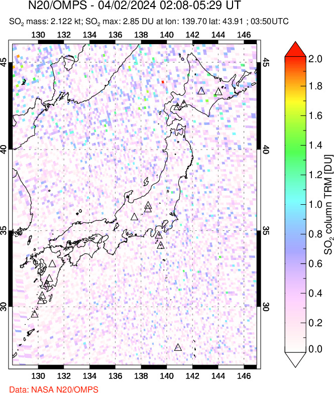 A sulfur dioxide image over Japan on Apr 02, 2024.