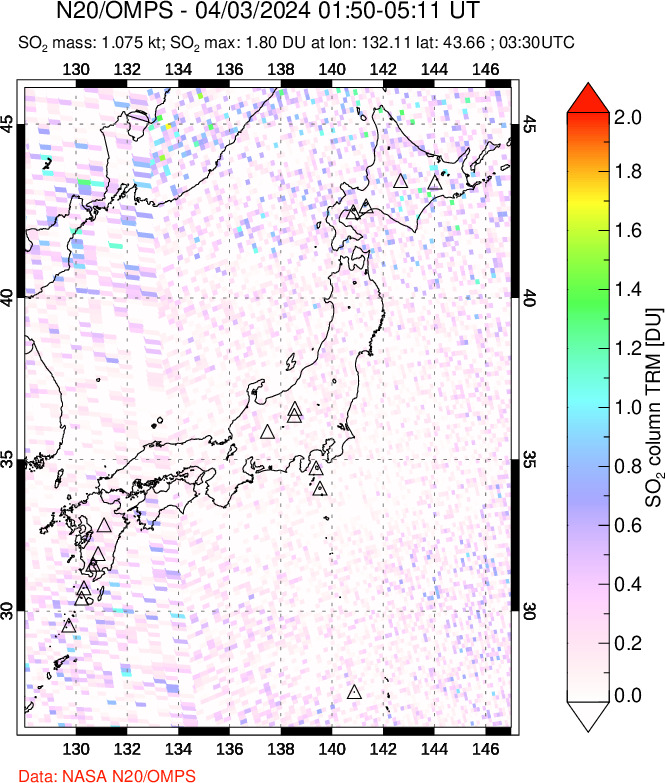 A sulfur dioxide image over Japan on Apr 03, 2024.